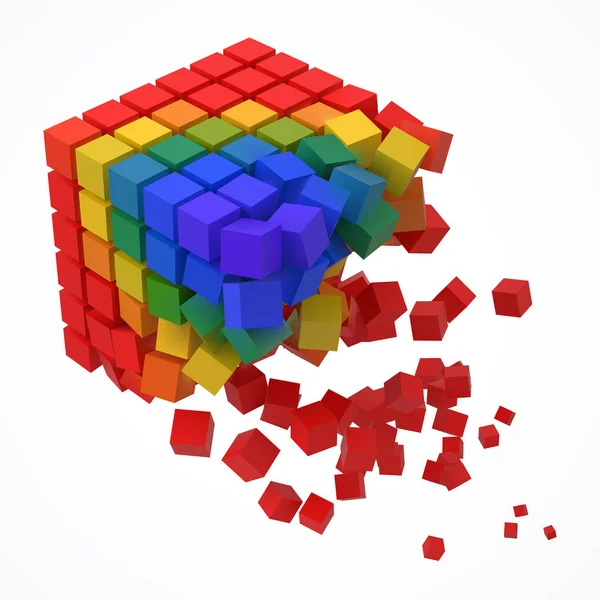 Pequeños cubos de colores formando un cubo grande. blockchain y big data cncept. Ilustración vectorial estilo 3D . — Archivo Imágenes Vectoriales