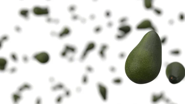 Free falling avocados on white background. realistic 3d illustration — Stock Photo, Image