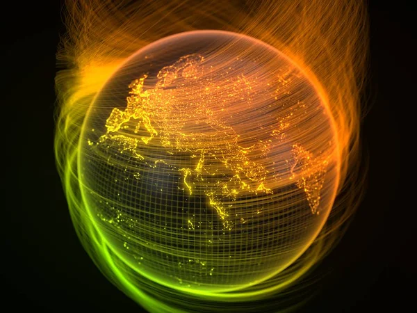 Mörka jorden världen med lysande detaljer och ljus strålar. 3D illustration — Stockfoto