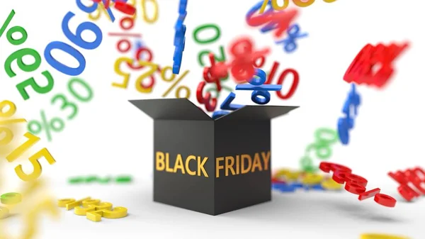 Black-Friday-Verkaufskonzept mit Box und Rabatten. 3D-Illustration — Stockfoto