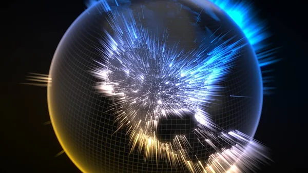 Donkere aarde wereldbol met gloeiende details en lichtstralen. 3D illustratie — Stockfoto