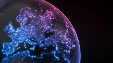 karanlık dünya küre parlayan ayrıntılarını şehir ve nüfus yoğunluğu alanları ile. 3D çizim