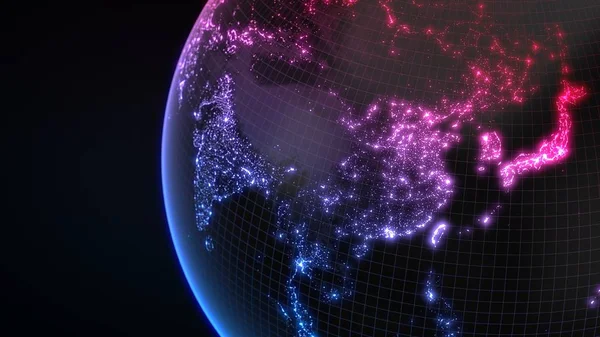 Mörka jorden världen med glödande Detaljer för staden och mänskliga befolkningen densitet områden. 3D illustration — Stockfoto