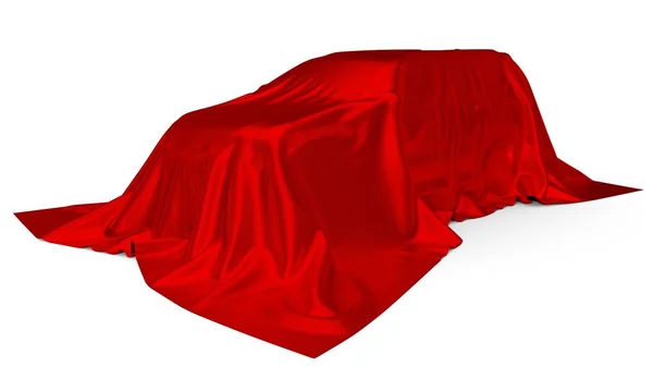 Concepto de coche SUV cubierto de seda roja. ilustración 3d — Foto de Stock