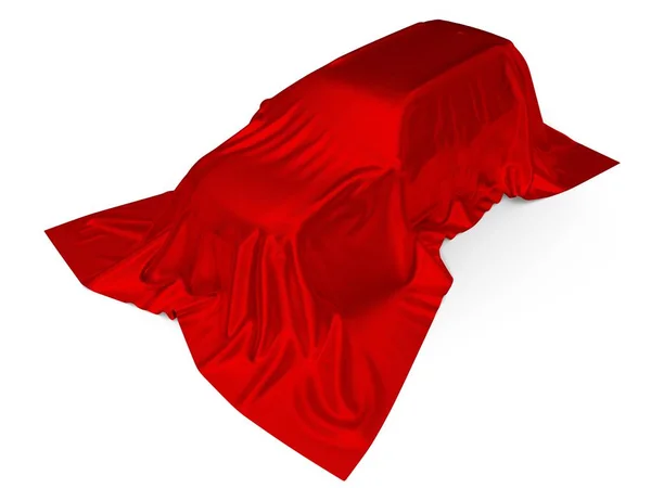 红色丝绸覆盖 Suv 的概念。3d 插图 — 图库照片
