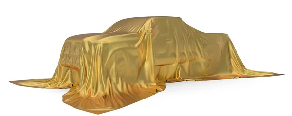 Concept de camionnette recouverte de soie dorée. Illustration 3d — Photo