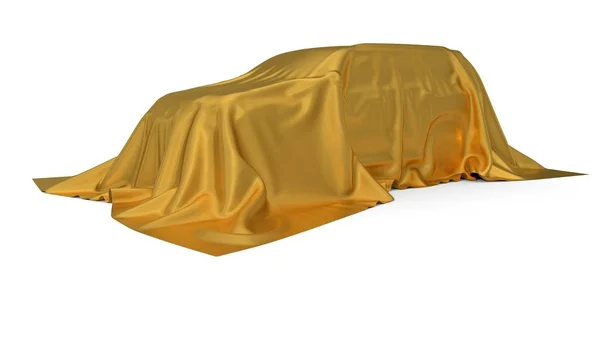 Concetto di auto SUV coperta di seta dorata. Illustrazione 3d — Foto Stock