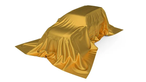 Concept de voiture SUV recouvert de soie dorée. Illustration 3d — Photo
