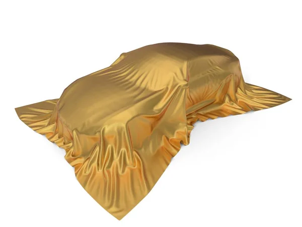Concept de voiture de sport couvert de soie dorée. Illustration 3d — Photo