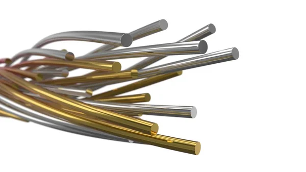 Golden and silver twisting metal rods. 3d illustration — Stock Photo, Image