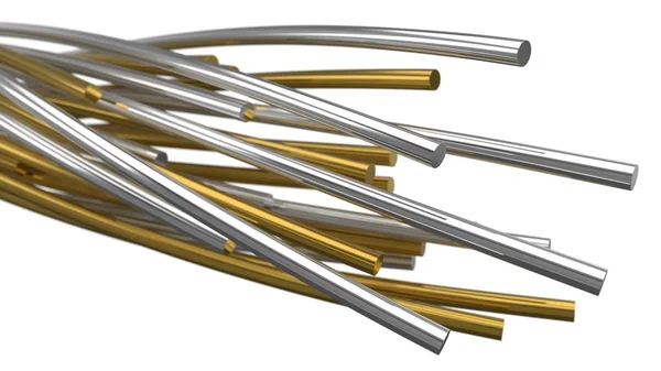 Gouden en zilveren draaien van metalen staven. 3D illustratie — Stockfoto