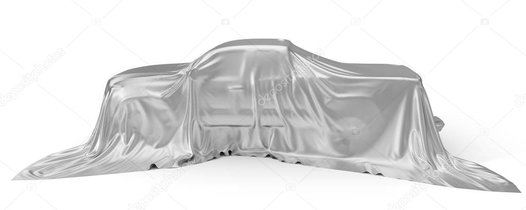 silver silk covered Pickup truck concept. 3d illustration