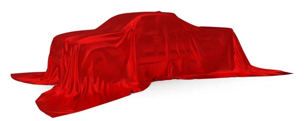 赤のシルクでは、ピックアップ トラックの概念を覆われています。3 d イラストレーション — ストック写真