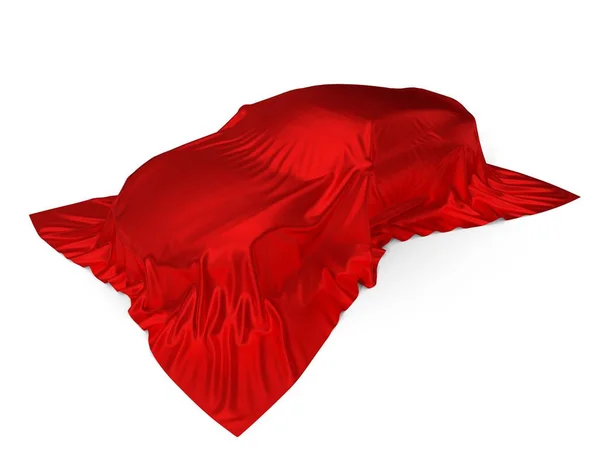 Концепт спорткара покрыт красным шелком. 3d иллюстрация — стоковое фото