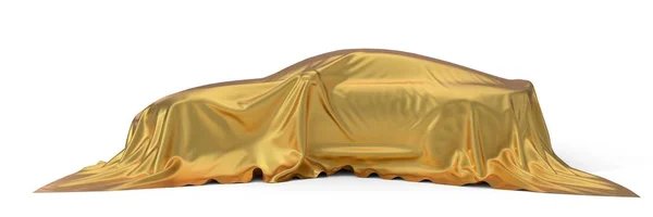 Concept de voiture de sport couvert de soie dorée. Illustration 3d — Photo