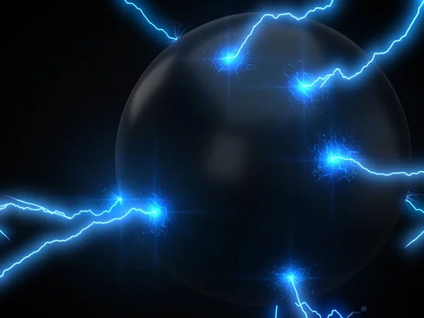 Il lampo potente colpisce su sfera e fa incrinature su superficie di sfera. Illustrazione 3d — Foto Stock