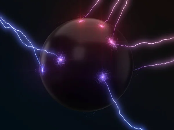 Мощная молния ударяет по сфере и делает трещины на поверхности сферы. двухцветная версия, 3d иллюстрация — стоковое фото
