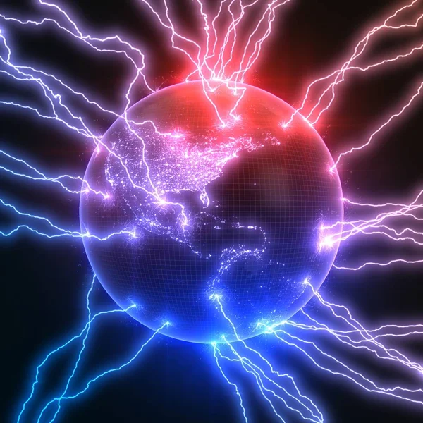 Powerful lightning strikes on earths america side and makes cracks on surface of sphere. 3d illustration — Stock Photo, Image