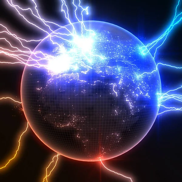 强大的闪电袭击地球欧罗巴一侧, 并在球体表面造成裂纹。3d 插图 — 图库照片