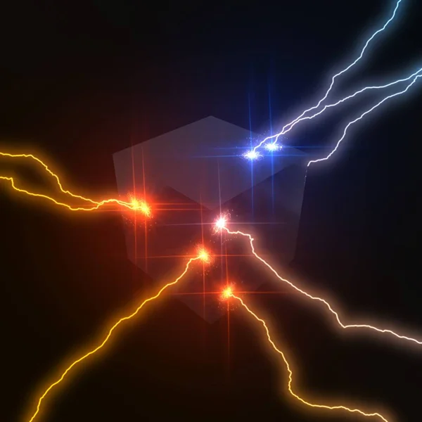 Powerful lightning strikes on cube and makes cracks on surface of sphere. 3d illustration — Stock Photo, Image