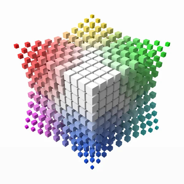 Pequeños cubos de colores se acumula cubo teoría del color. cubos más pequeños en las esquinas. 3d estilo vector ilustración . — Archivo Imágenes Vectoriales