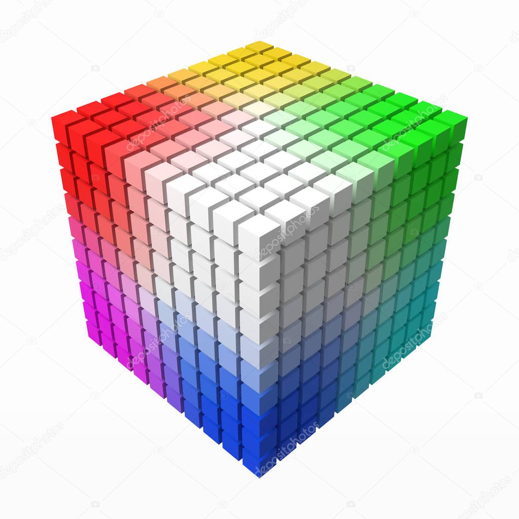 10x10 small cubes makes color gradient in shape of big cube. 3d style vector illustration.