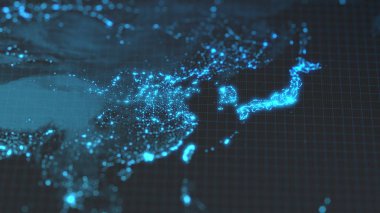 Şehir ve nüfus yoğunluğu alanları parlayan ayrıntılarını karanlık dünya harita. genelolarak Asya. 3D çizim