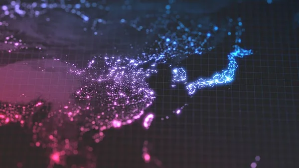 Mapa ciemne Ziemia z świecące szczegóły miasta i ludzi gęstości zaludnienia. Wiew Azji. ilustracja 3D — Zdjęcie stockowe