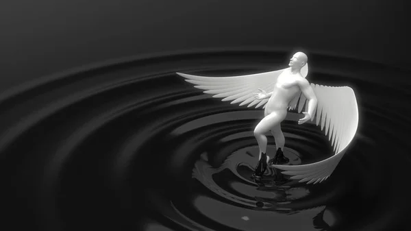 Белый ангел, восходящий из черной жидкости. 3d иллюстрация — стоковое фото