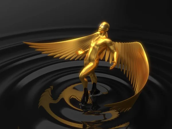 Caráter angelical dourado subindo do líquido preto. ilustração 3d — Fotografia de Stock