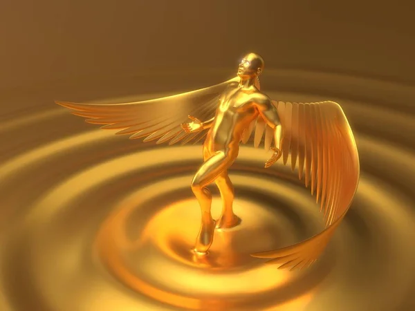 Золотой ангельский характер, восходящий из жидкого золота. 3d иллюстрация — стоковое фото