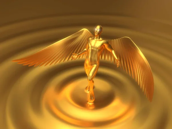 金色天使的性格从液态金上升。3d 插图 — 图库照片