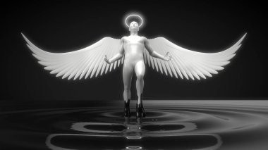 siyah sıvı yükselen beyaz melek karakter. 3D çizim