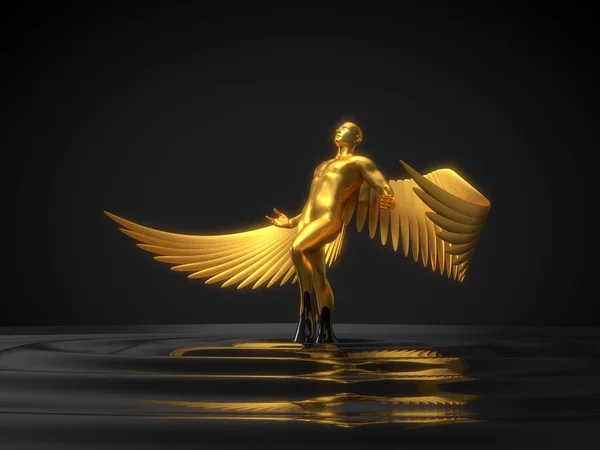 Χρυσή αγγελικό χαρακτήρα αυξάνεται από μαύρο υγρό. 3D απεικόνιση — Φωτογραφία Αρχείου