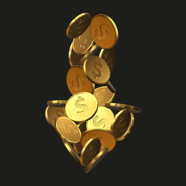 Pijl vormige gouden dollar munten. realistische vectorillustratie. — Stockvector