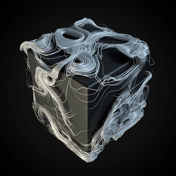 Soepel bewegende witte haren lijnen rond de kubus. 3D illustratie — Stockfoto