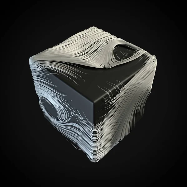 smoothly moving white hair lines around cube. 3d illustration