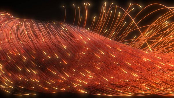 glowing fiber optic strings in dark. 3d illustration