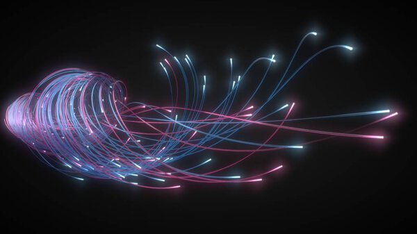 glowing fiber optic strings in dark. 3d illustration