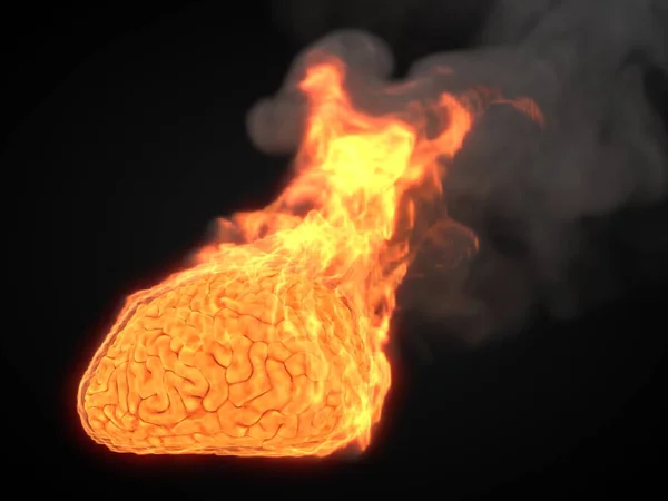 Recalentada por el pensamiento. cerebro ardiente. ilustración 3d — Foto de Stock