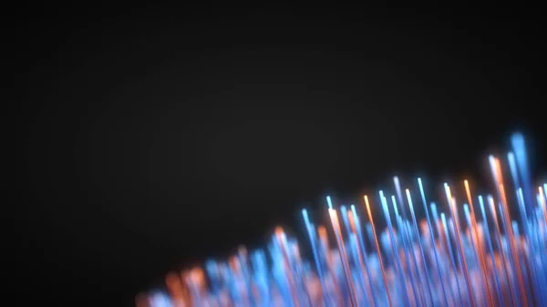Cuerdas de fibra óptica brillantes en la oscuridad. ilustración 3d —  Fotos de Stock
