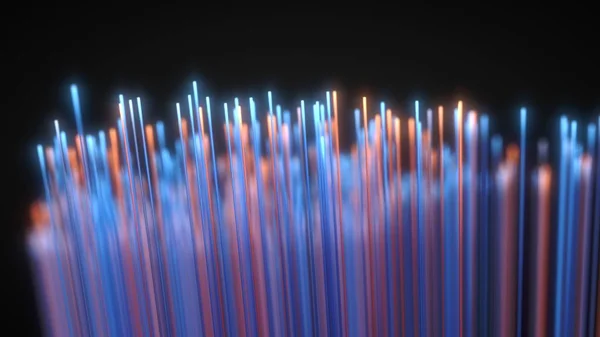 Glödande fiber optic strängar i mörkret. 3D illustration — Stockfoto