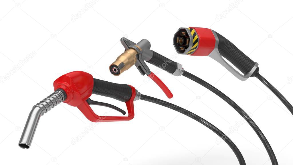 fuel, gas and electric nozzle illustration in 3d.