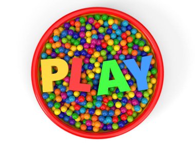 Plastik toplar çocuk havuzu büyük harflerle dolu. 3D çizim