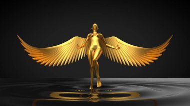 melek AI kavramı. siyah sıvı yükselen kadın karakter. 3D çizim