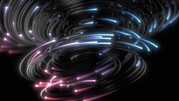 black strings with glowing pink and blue heads in dark. 3d illustration