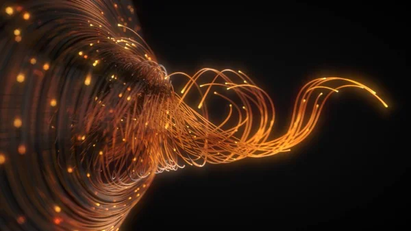 Помаранчеві волоконно-оптичні струни в темряві. 3d ілюстрація — стокове фото