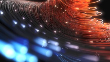 mavi ve turuncu fiber optik dizeleri karanlıkta. 3D çizim