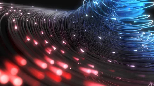 Сині і червоні волоконно-оптичні струни в темряві. 3d ілюстрація — стокове фото