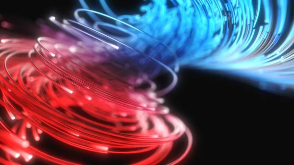 Blue and red fiber optic strings in dark. 3d illustration — Stock Photo, Image